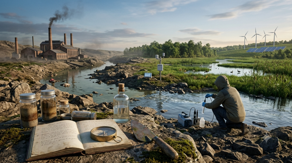3D environmental science scene showing historical industrial pollution, environmental research, restored wetlands, and renewable energy.