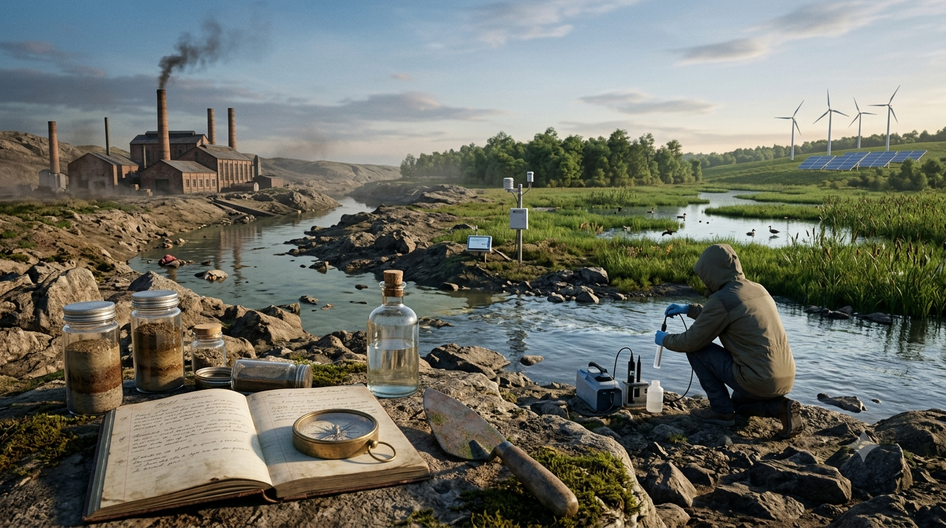 3D environmental science scene showing historical industrial pollution, environmental research, restored wetlands, and renewable energy.