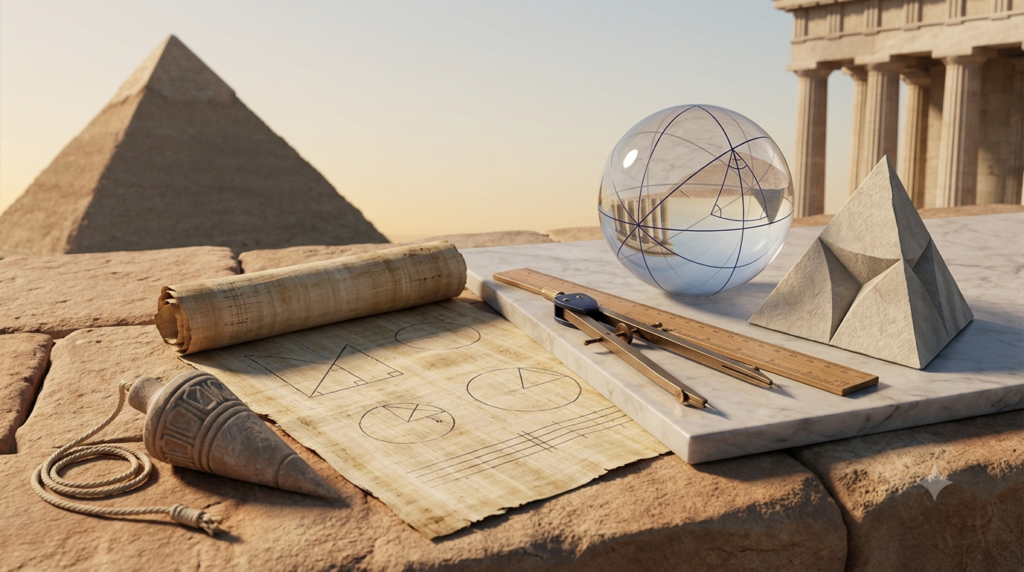 Realistic 3D scene illustrating the history of geometry with an Egyptian pyramid, ancient papyrus, Greek columns, and geometric instruments.