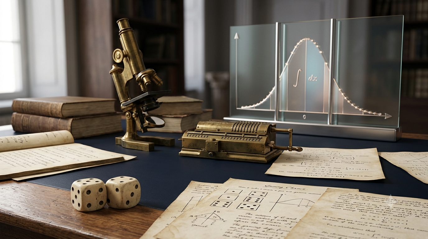 Realistic 3D illustration of antique dice, historical mathematical manuscripts, and modern probability concepts.