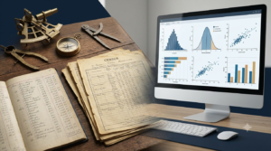 Realistic 3D illustration showing the evolution of statistics from historical records to modern data analysis.