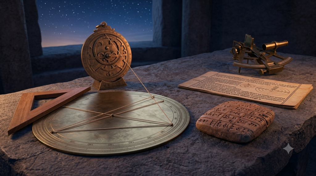 Ancient astronomical instruments and geometric tools representing the history of trigonometry.
