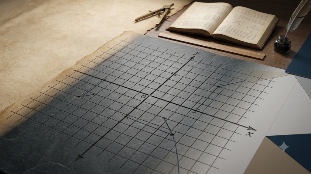 Realistic 3D illustration of a Cartesian coordinate grid with an antique geometry manuscript and mathematical instruments
