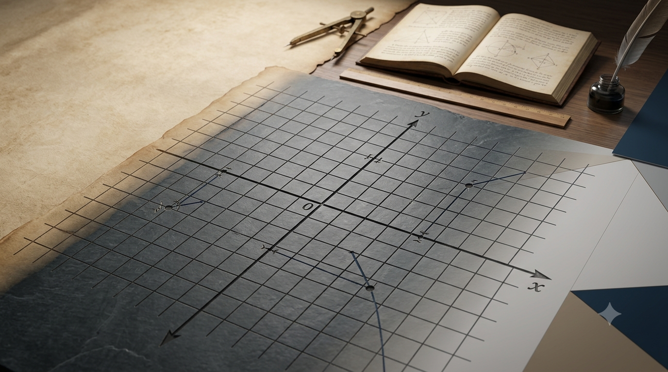 Realistic 3D illustration of a Cartesian coordinate grid with an antique geometry manuscript and mathematical instruments