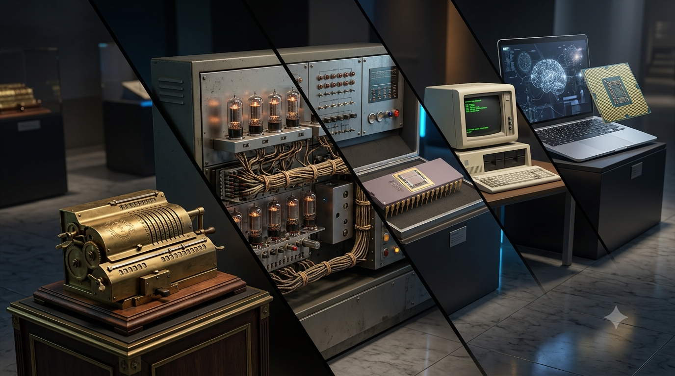 3D illustration showing computer evolution from mechanical calculators and vacuum-tube machines to microprocessors and modern laptops.