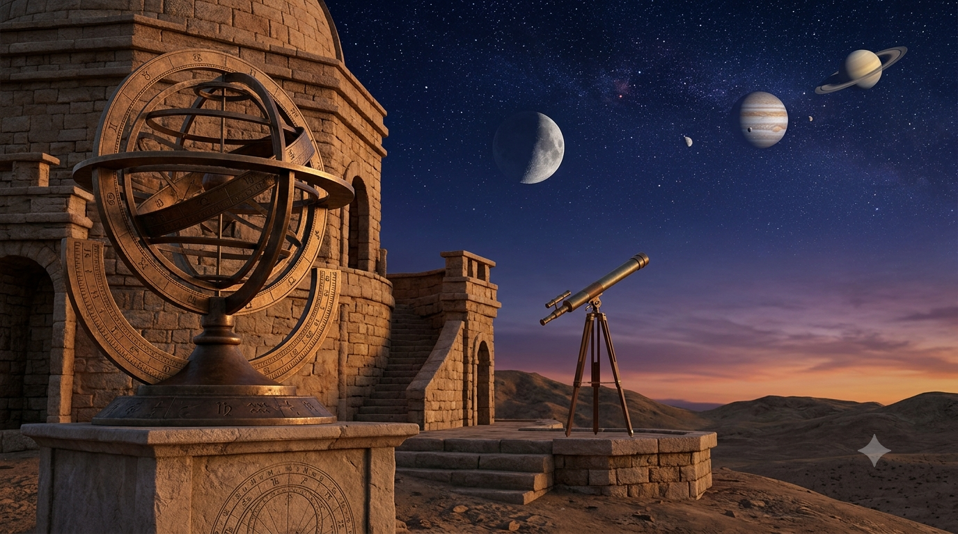 Realistic 3D illustration of an ancient observatory and telescope beneath a star-filled sky representing the history of astronomy.