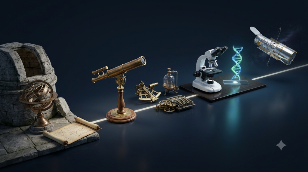 3D illustration showing the evolution of science from ancient astronomical instruments to modern laboratory equipment, DNA, and space telescopes.