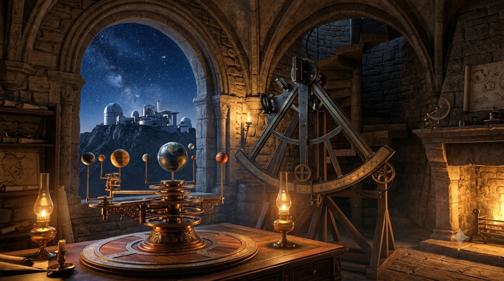 Realistic 3D render of an ancient astronomical instrument and planetary model representing the history of science and human knowledge.