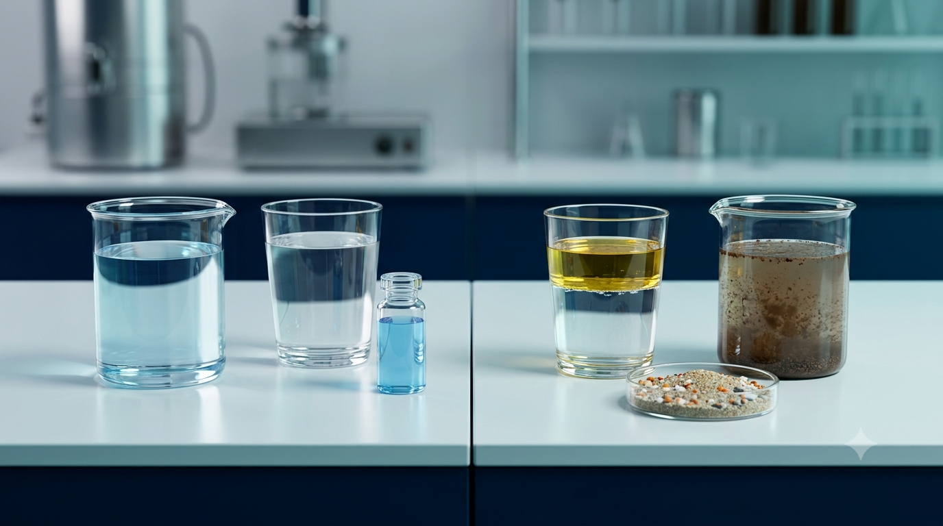 3D illustration comparing a uniform saltwater solution with separated oil and water, muddy water, and sand mixtures.