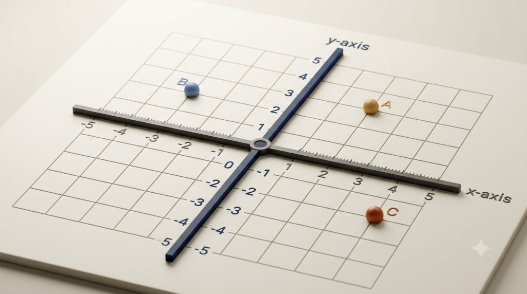 3D coordinate plane showing the horizontal x-axis, vertical y-axis, origin, and points in different quadrants.
