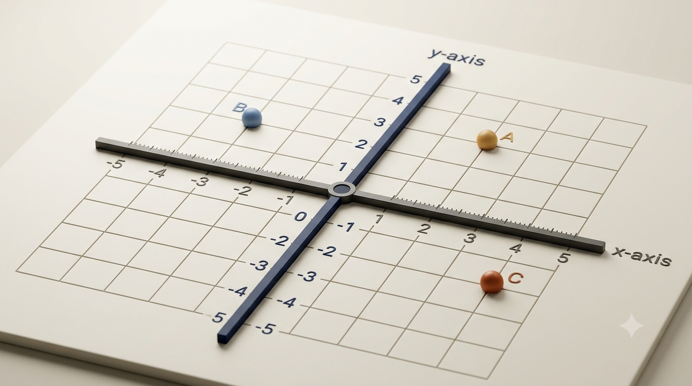 3D coordinate plane showing the horizontal x-axis, vertical y-axis, origin, and points in different quadrants.
