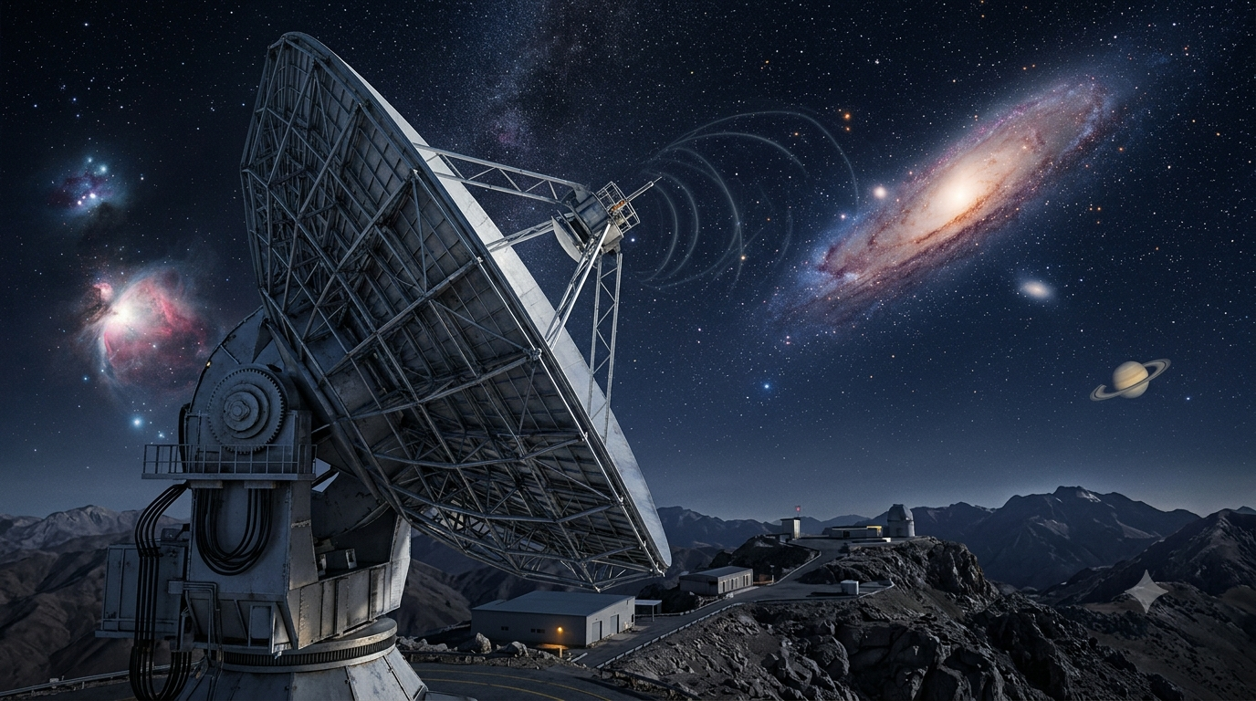 Realistic 3D view of a large radio telescope observing distant galaxies and celestial objects in space.