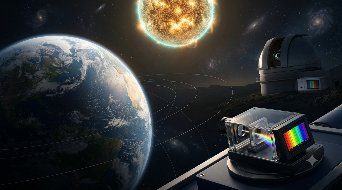 3D illustration of a planetary globe, glowing star, observatory, and scientific spectrum representing astronomy's connection with other sciences.