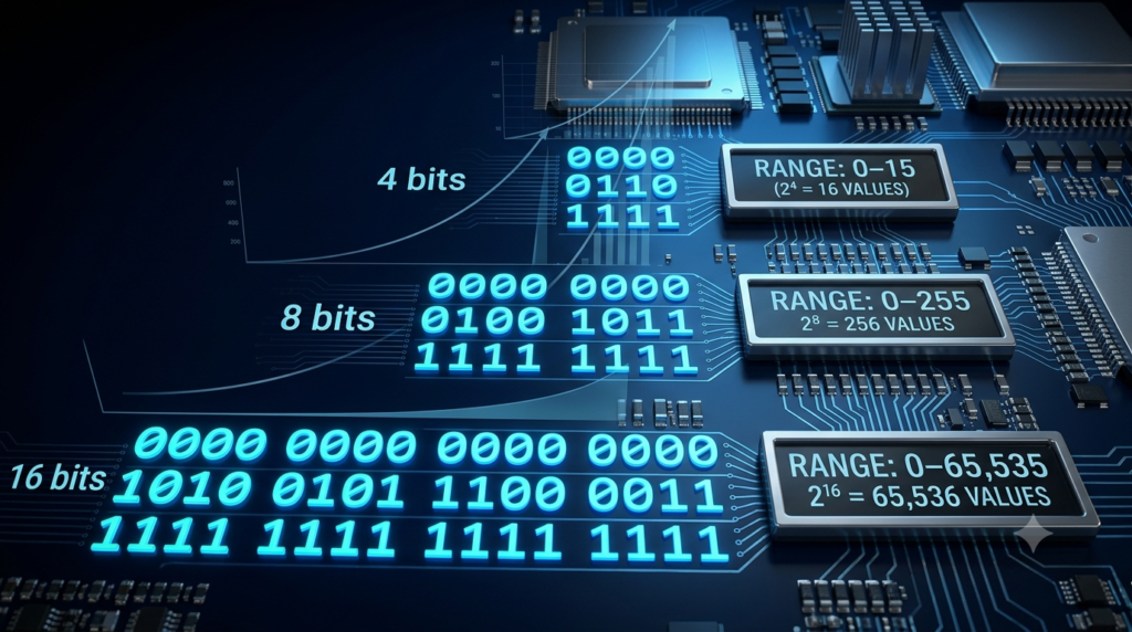 Realistic 3D illustration of increasing binary digits from 4-bit to 8-bit and 16-bit representations.