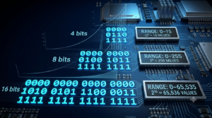 Realistic 3D illustration of increasing binary digits from 4-bit to 8-bit and 16-bit representations.