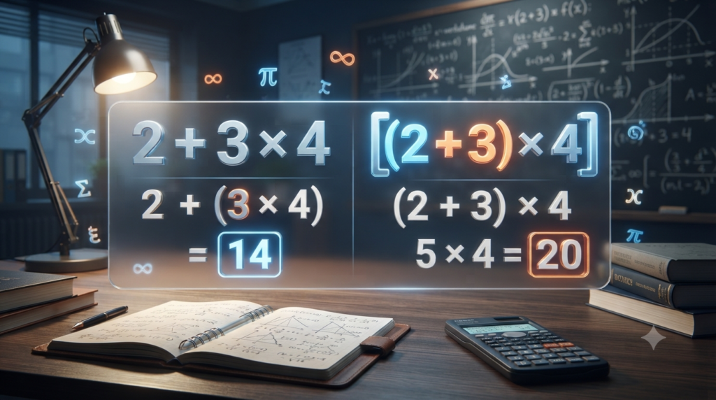 3D illustration showing how brackets change the meaning of mathematical formulas