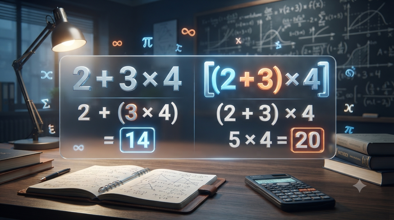 3D illustration showing how brackets change the meaning of mathematical formulas