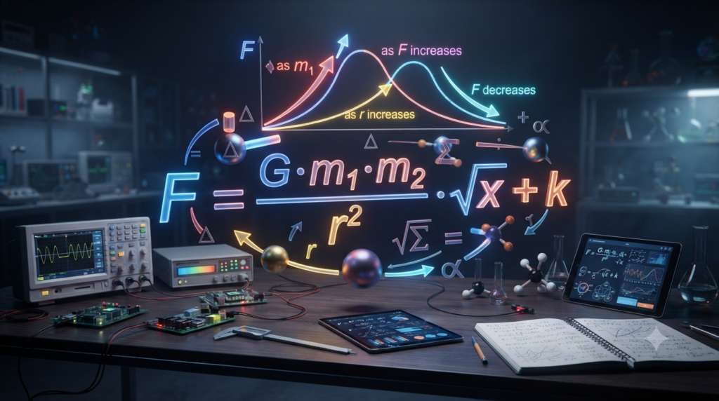 3D illustration showing how changing one variable affects other quantities in a formula