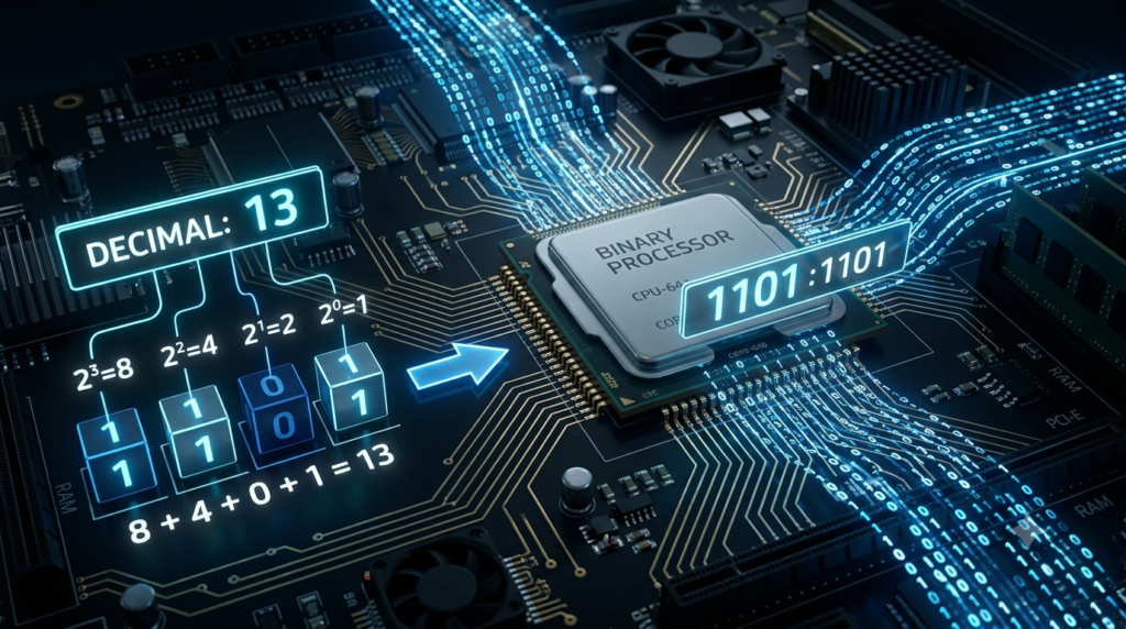 Realistic 3D computer processor surrounded by binary digits 0 and 1 illustrating how computers represent numbers using binary.