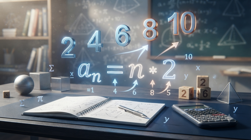 Realistic 3D illustration showing formulas and number patterns in numerical sequences