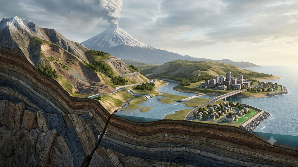 Realistic 3D illustration of geological layers, an earthquake fault, a volcano, a landslide, and flooding near a community.