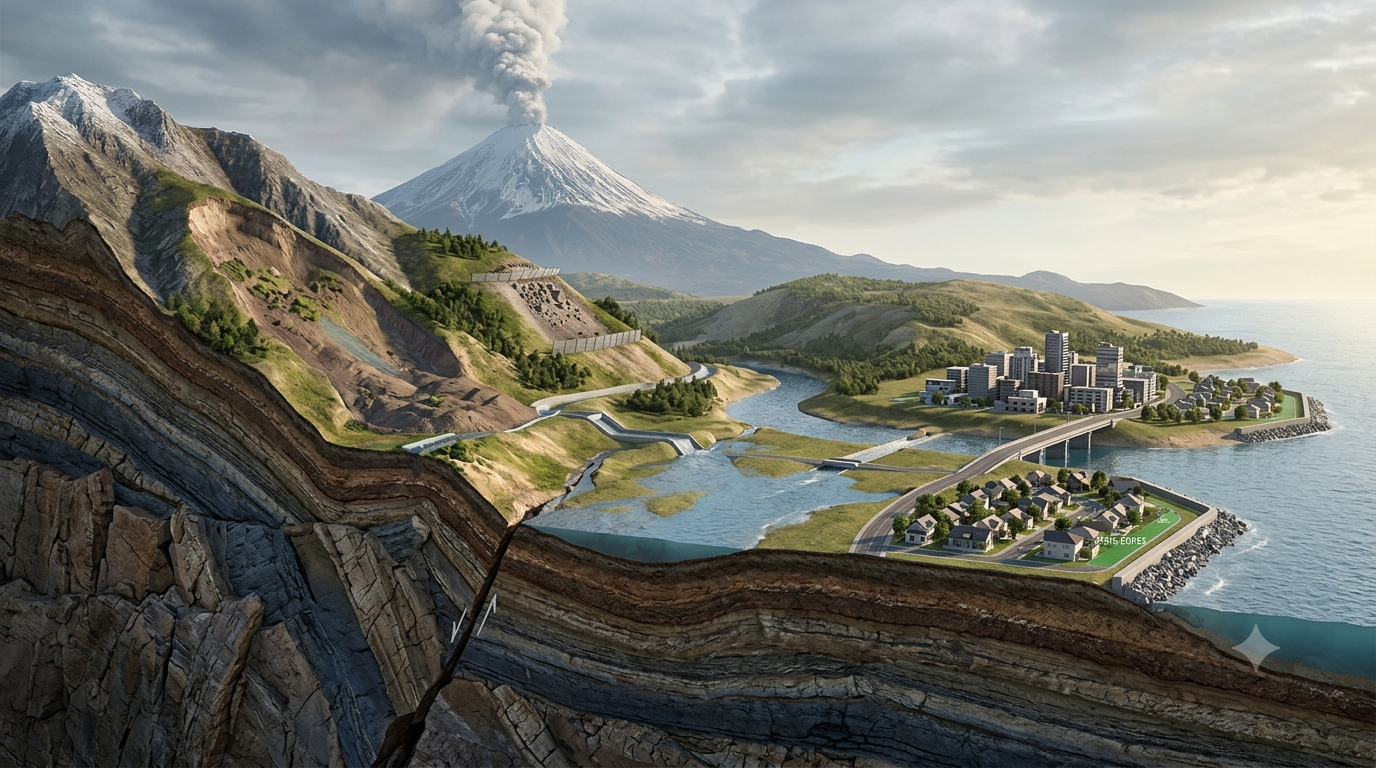 Realistic 3D illustration of geological layers, an earthquake fault, a volcano, a landslide, and flooding near a community.