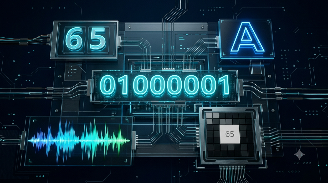 3D illustration showing binary bits representing the number 65, letter A, grayscale pixel, and digital sound waveform.