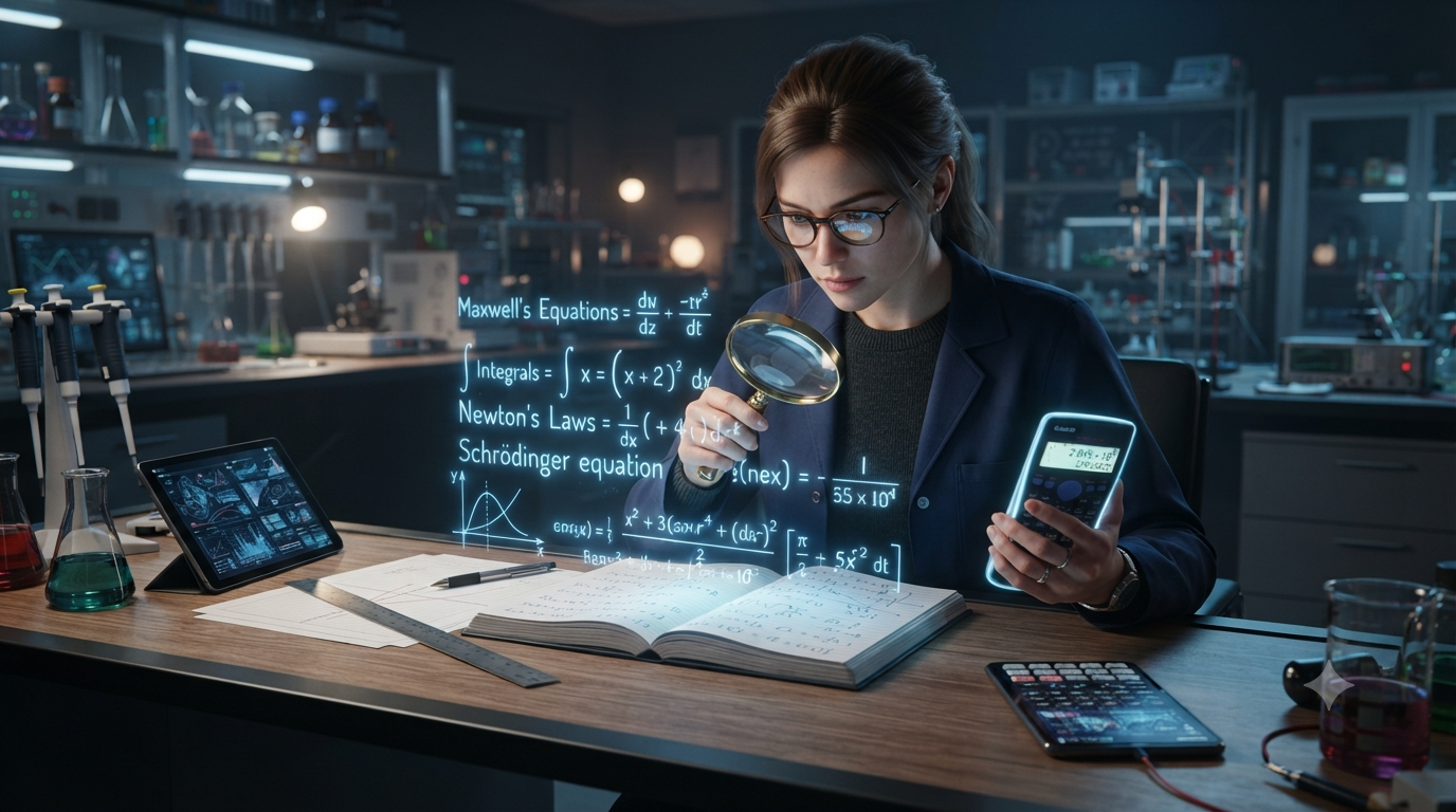 Realistic 3D illustration of checking whether a formula answer is reasonable using calculations, units, and measurements