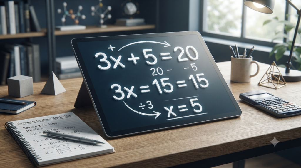 Realistic 3D illustration showing how to rearrange an equation and isolate a variable