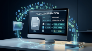 3D computer science illustration showing digital files, stored bytes, and file size conversions into KB, MB, and GB.
