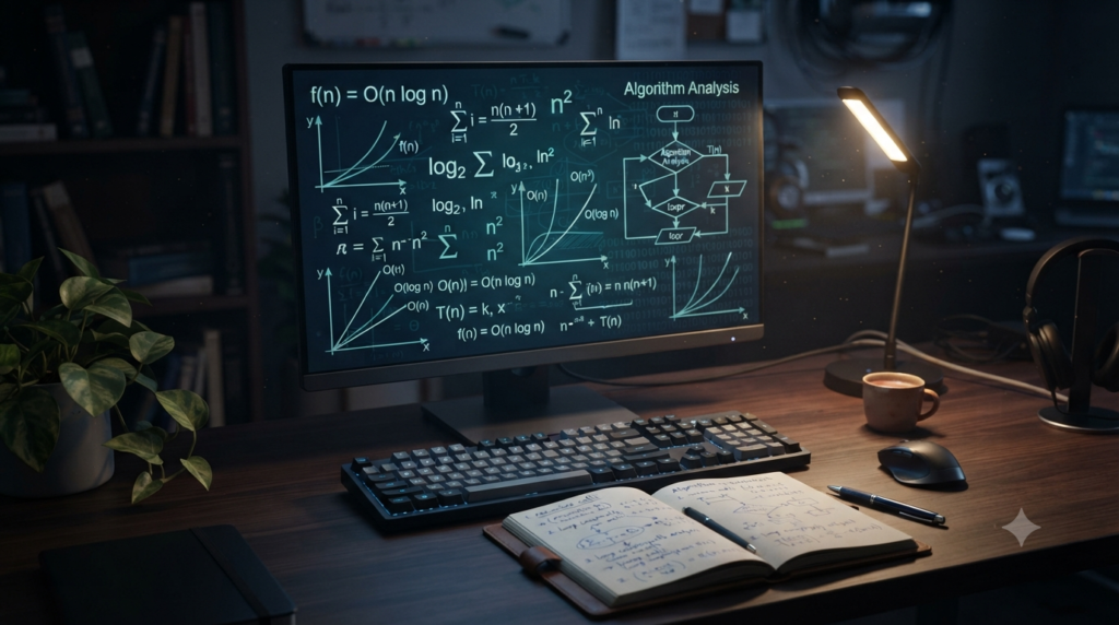 3D illustration of computer science formulas, algorithms, logarithms, variables, and Big O notation