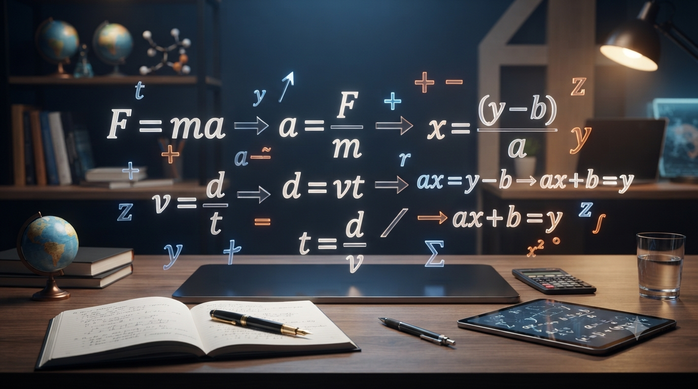 3D visualization of mathematical formulas being rearranged using equivalent algebraic operations