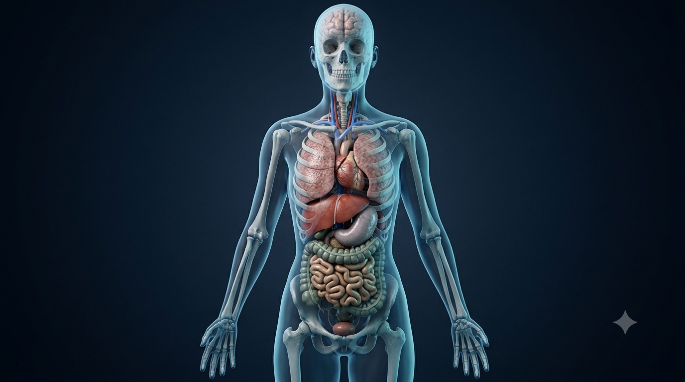 Realistic 3D illustration of human organs and organ systems, including the brain, heart, lungs, liver, stomach, intestines, and kidneys.