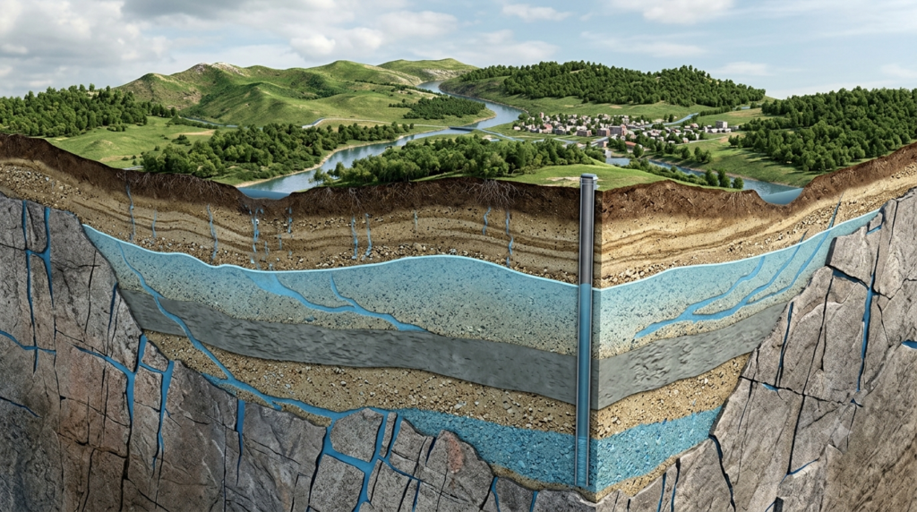 3D geological cross-section showing groundwater, aquifers, fractured rocks, underground water flow, and the water table.