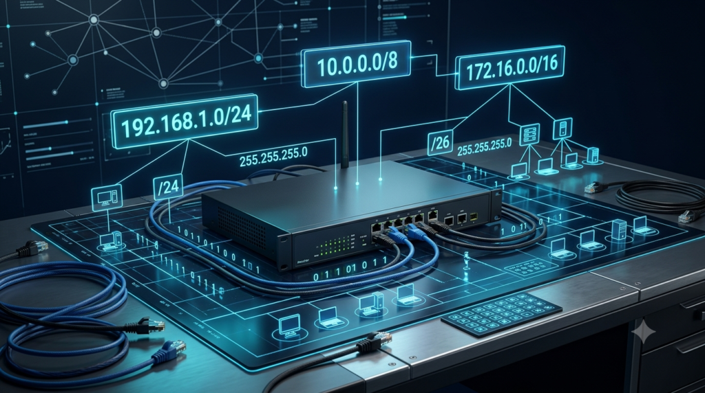 3D visualization of IP addresses, subnet divisions, network nodes, and computer networking equipment.