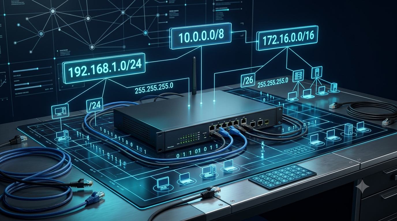 3D visualization of IP addresses, subnet divisions, network nodes, and computer networking equipment.