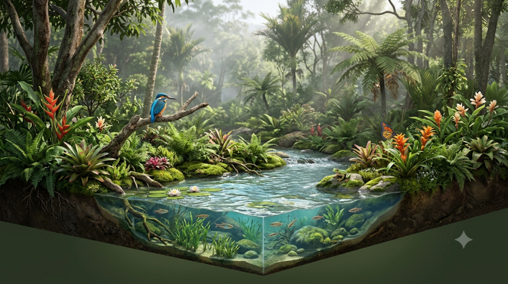 Realistic 3D illustration of biodiversity featuring a freshwater wetland, native plants, a kingfisher, butterfly, frog, and fish.