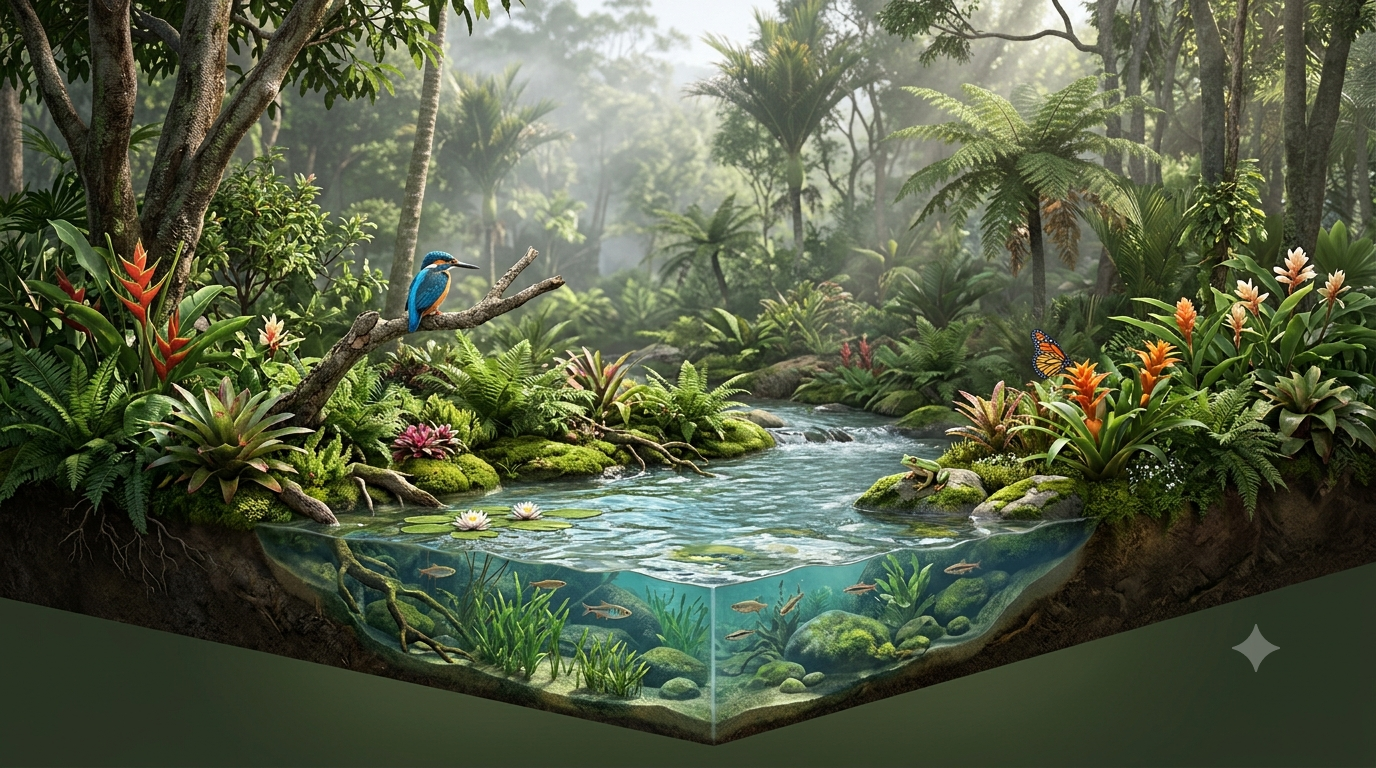 Realistic 3D illustration of biodiversity featuring a freshwater wetland, native plants, a kingfisher, butterfly, frog, and fish.