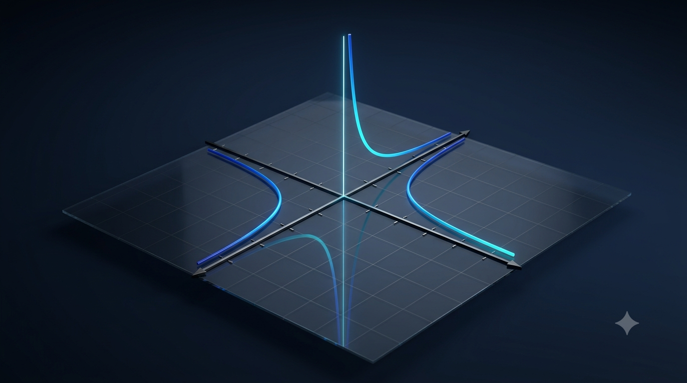 Realistic 3D graph illustrating infinite limits and a vertical asymptote in calculus.
