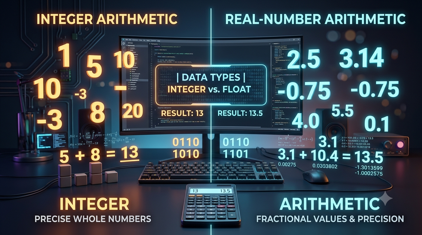3D illustration comparing integer and real-number arithmetic with whole numbers, decimal values, and binary digits.