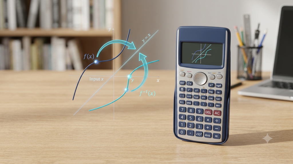 Realistic 3D illustration of a calculator and inverse function mathematics concepts