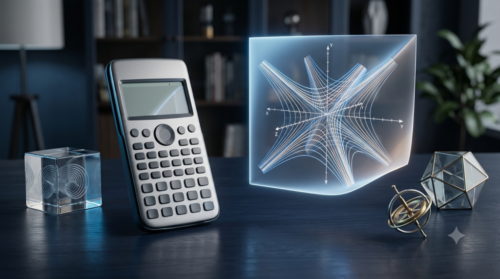 3D scientific calculator with hyperbolic curves illustrating an inverse hyperbolic function calculator.