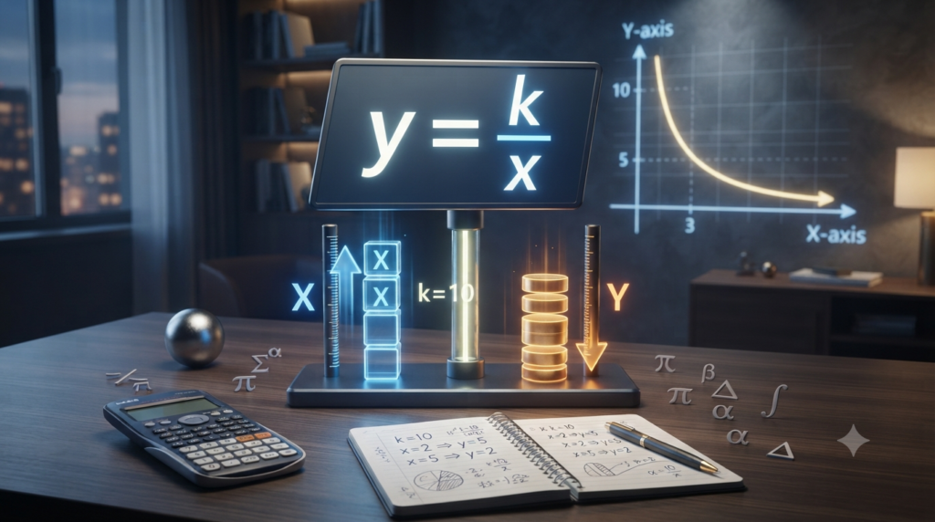 3D illustration explaining inverse relationships in mathematical formulas