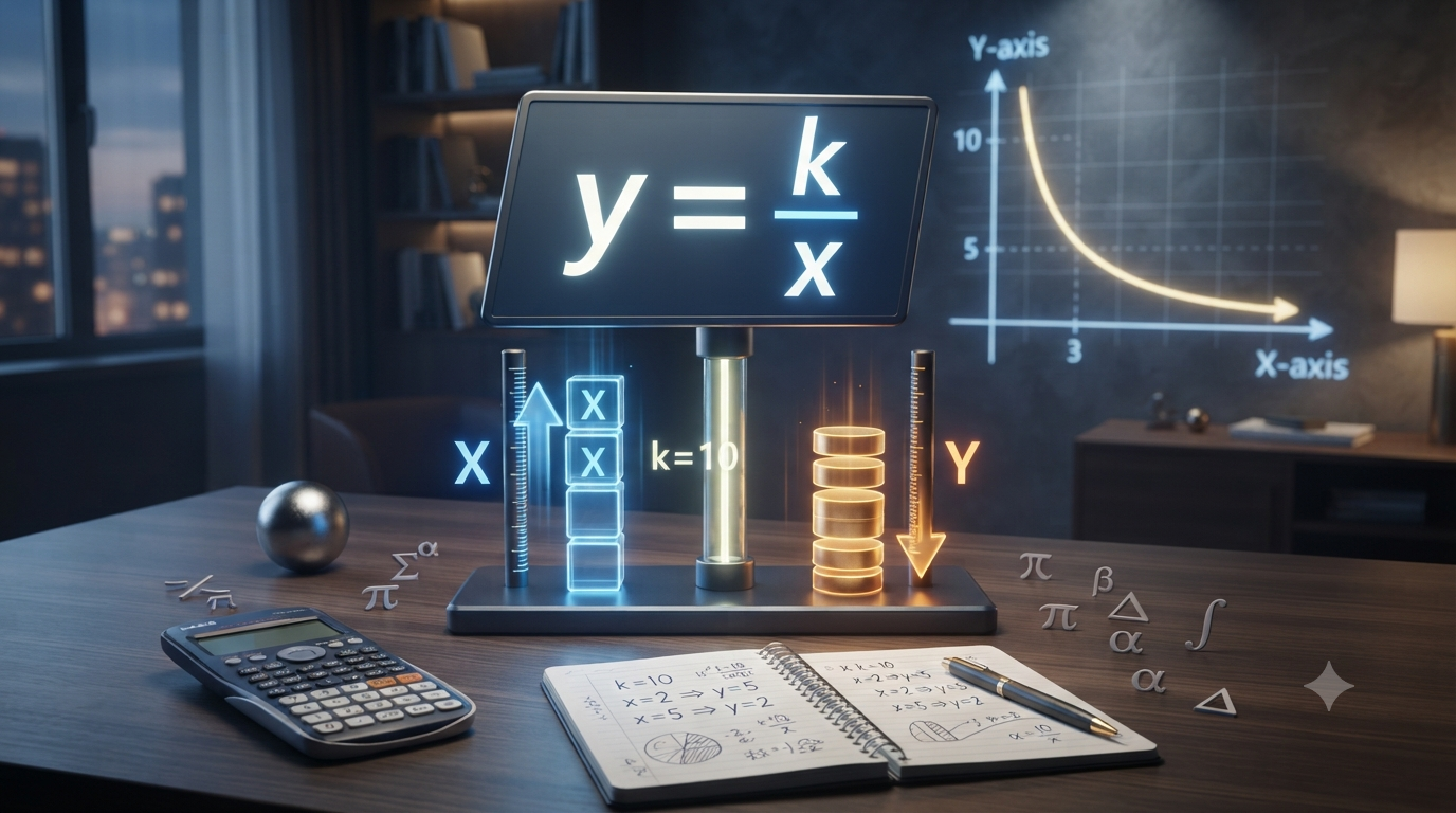 3D illustration explaining inverse relationships in mathematical formulas