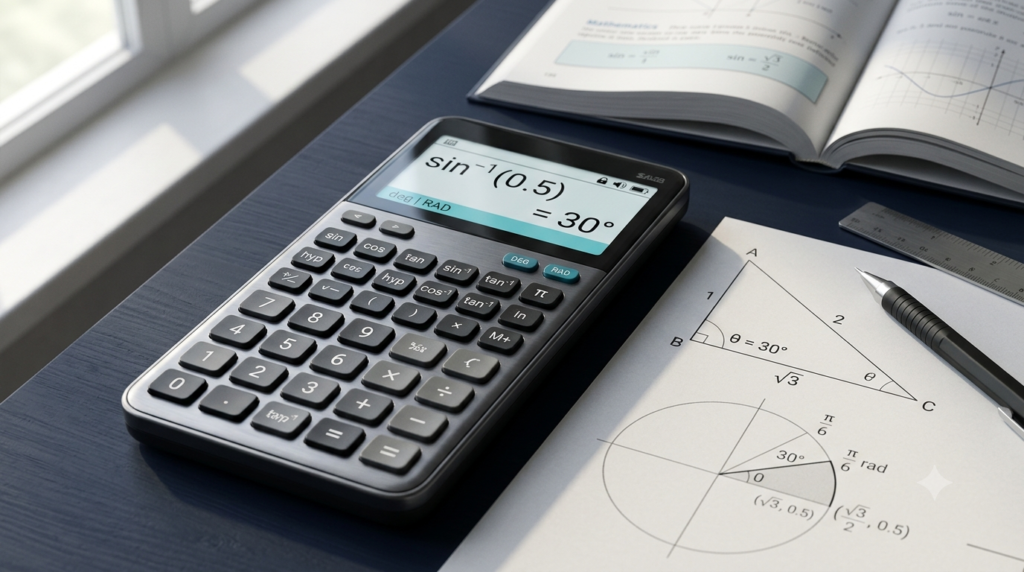 3D scientific calculator illustrating inverse trigonometric functions and angle calculations in degrees and radians.