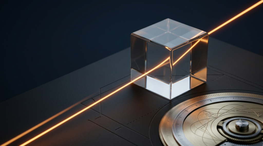3D geometric cube with a diagonal representing the square root of 2 beside a circular instrument symbolizing irrational numbers.
