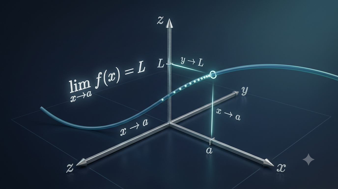 3D graph illustrating limit notation with a mathematical curve approaching a point on the coordinate plane.