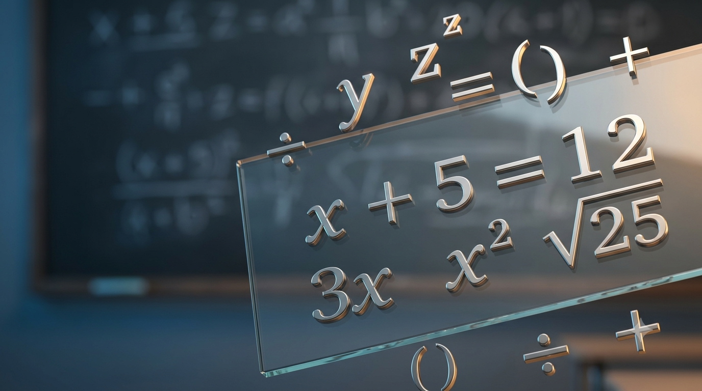 Realistic 3D illustration of algebra symbols, variables, equations, exponents, and mathematical expressions.