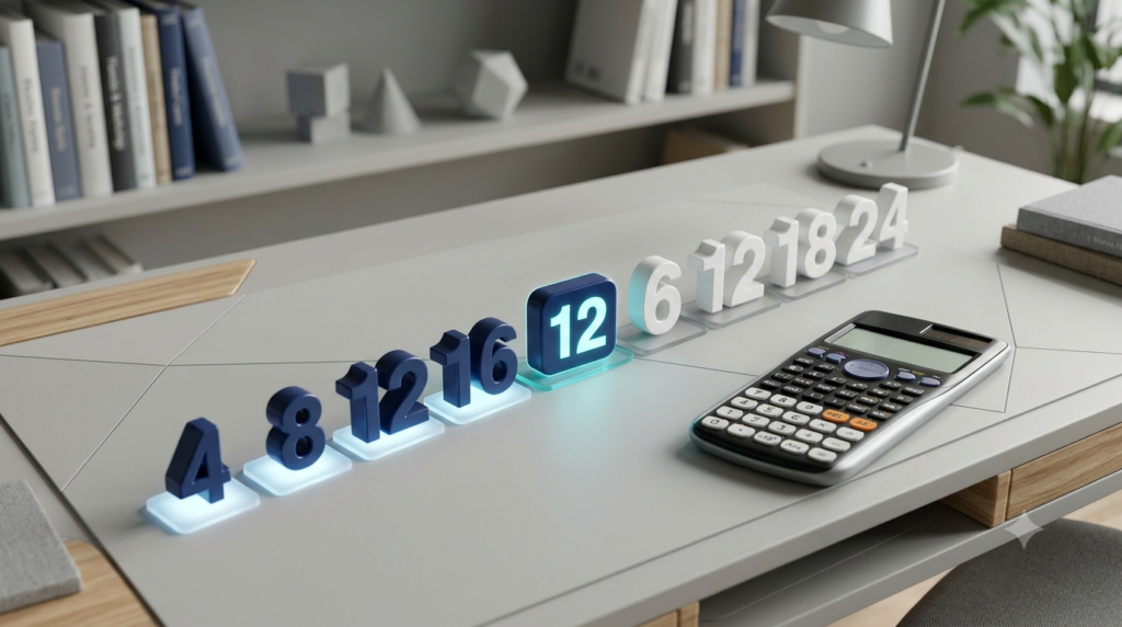 3D mathematical illustration of a Least Common Multiple Calculator with number blocks representing common multiples.