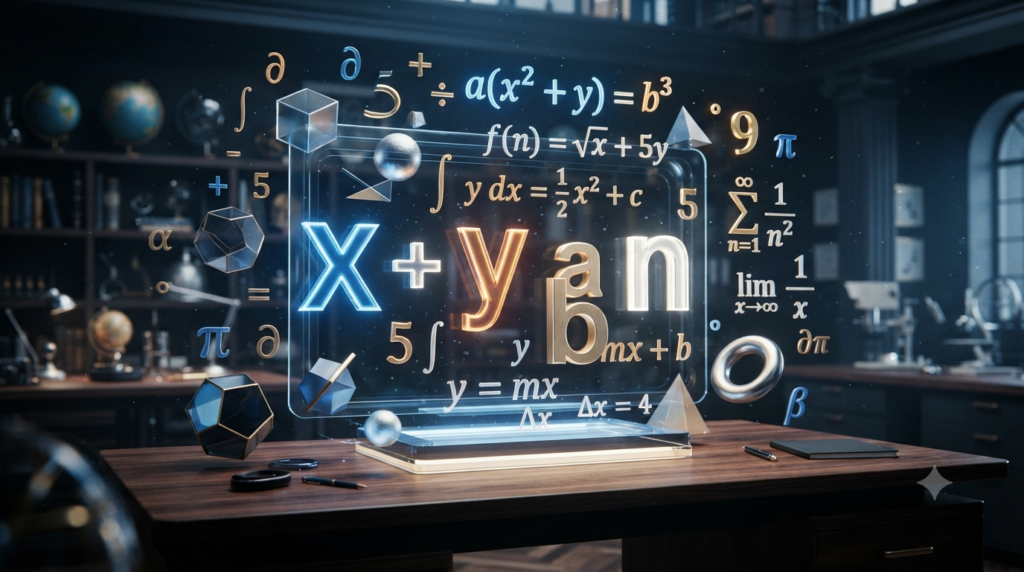 Realistic 3D illustration of letters and numbers used in mathematical formulas